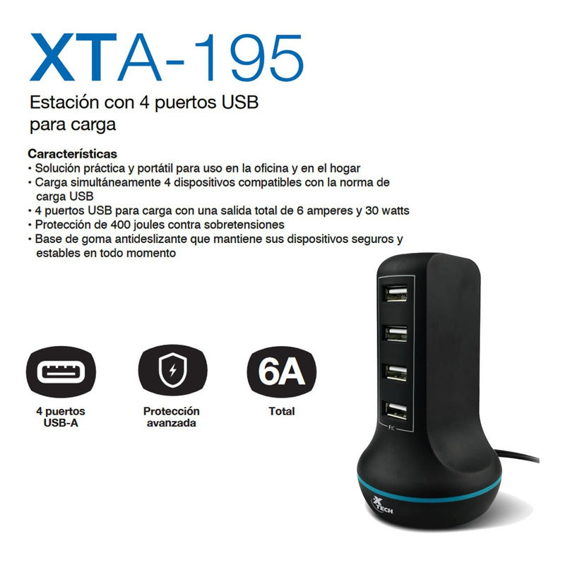 Estación De Carga Usb 3.0 De 4 Puertos 30w, Xtech Xta-195