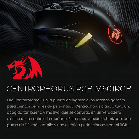 Mouse Gamer Redragon M601 RGB Centrophorus 2 7200 DPI 6 Botones Programables Pesas Ajustables Sensor Pixart