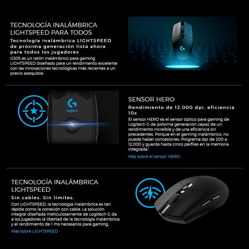 Mouse Gamer Inalámbrico Logitech G305 LIGHTSPEED Sensor HERO 12000 DPI 6 Botones Programables - Lila