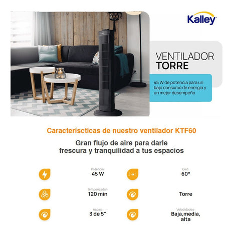 Ventilador De Torre Kalley Tf60n 3 Vel Giro 60° Temporizador