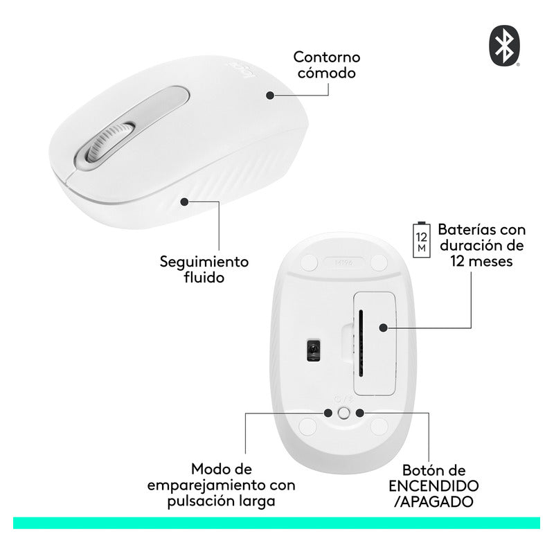 Mouse Inalámbrico Bluetooth Logitech M196 Diseño Ambidiestro Cómodo y Compacto - Blanco