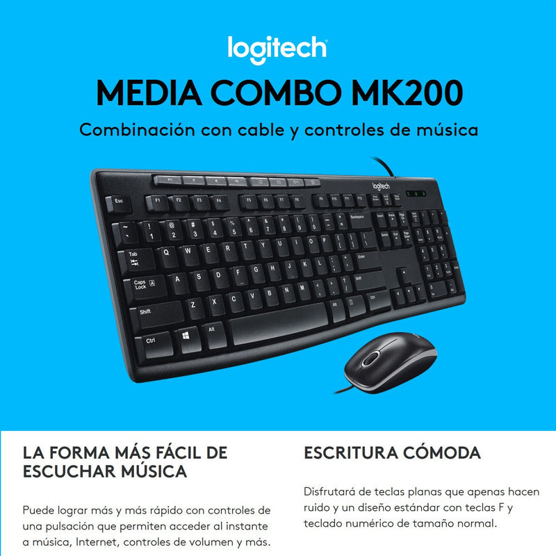 Combo Usb Teclado Multimedia Y Mouse, Logitech Mk200 Media