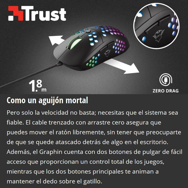 Mouse Gamer Trust Gxt 960 Graphin, 10000 Dpi, Rgb, 6 Botones