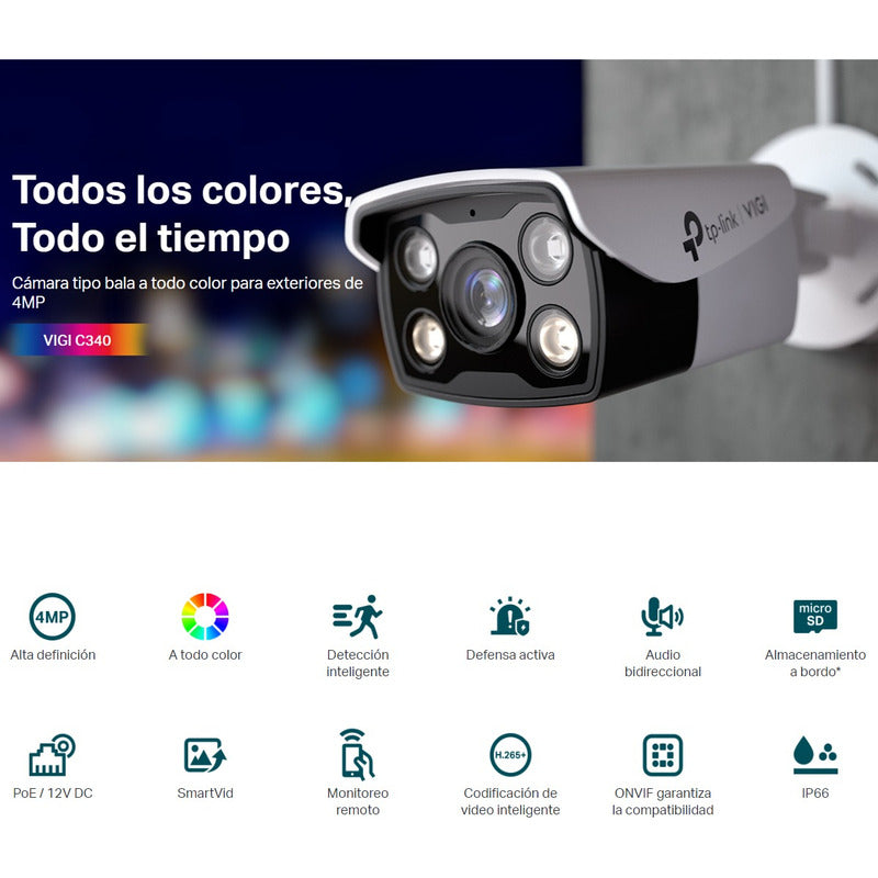 Cámara Wifi Exterior Bullet 4mp, Tp-link Vigi C340-w + 256gb