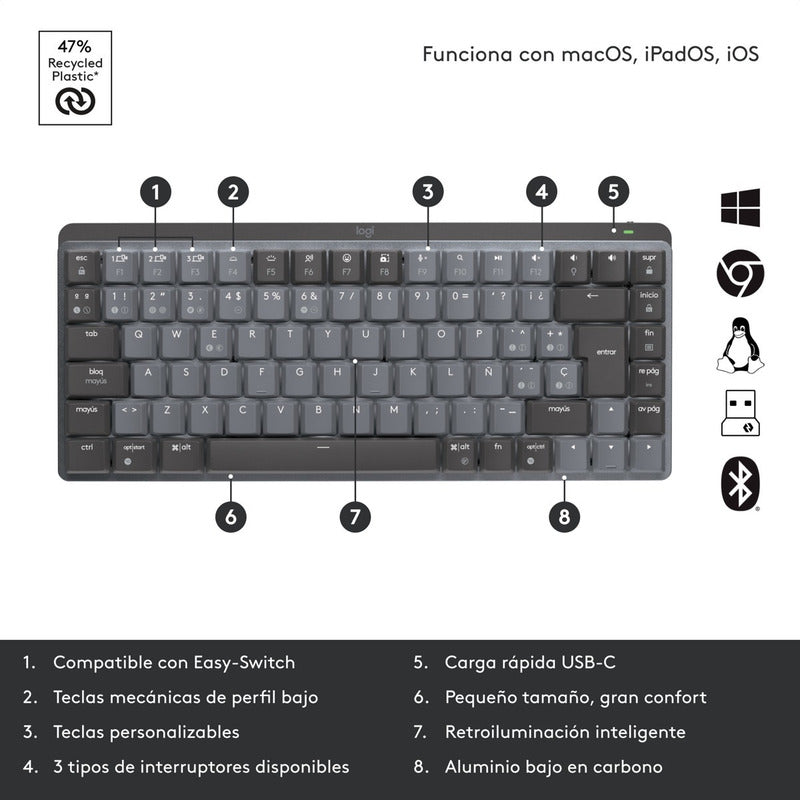 Teclado Recargable Avanzado, Logitech Mx Mechanical Mini