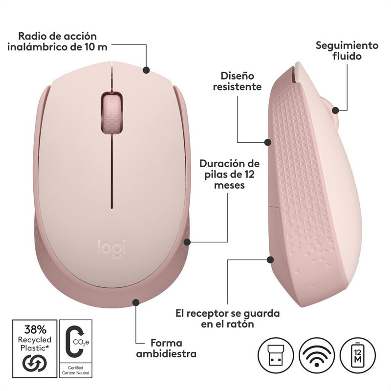 Mouse Inalámbrico Logitech M170 Receptor USB 2.4GHz Batería 12 Meses Diseño Portátil Ambidiestro - Rosa