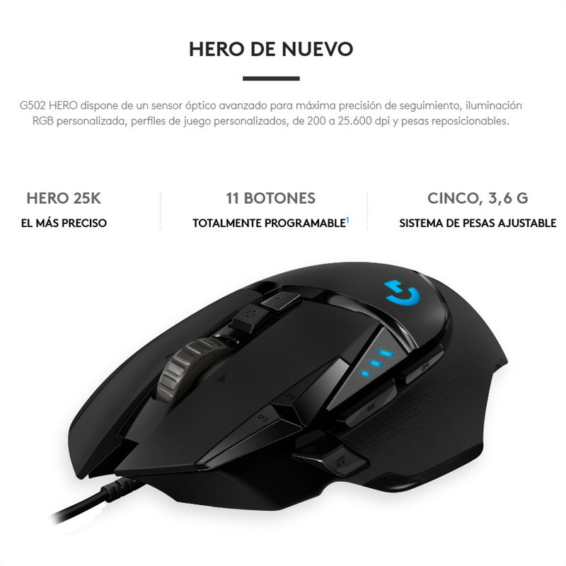 Mouse Gamer Logitech G502 Hero, Programable / Rgb / 25600dpi Negro