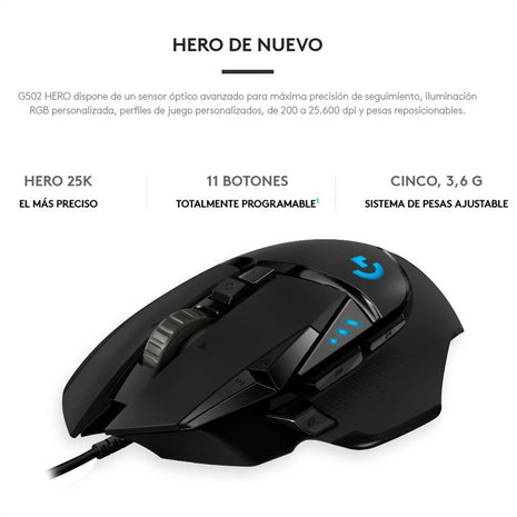 Mouse Gamer Logitech G502 HERO RGB LIGHTSYNC 25600 DPI 11 Botones Programables Pesas Ajustables - Negro
