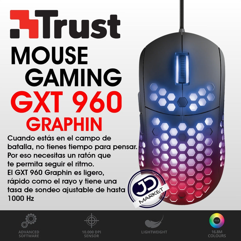 Mouse Gamer Trust Gxt 960 Graphin, 10000 Dpi, Rgb, 6 Botones