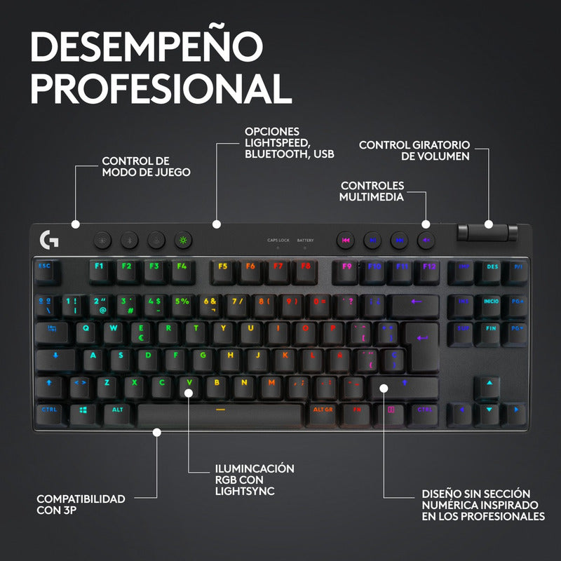 Teclado Gamer Inalámbrico Logitech G PRO X TKL LIGHTSPEED con RGB LIGHTSYNC - Negro