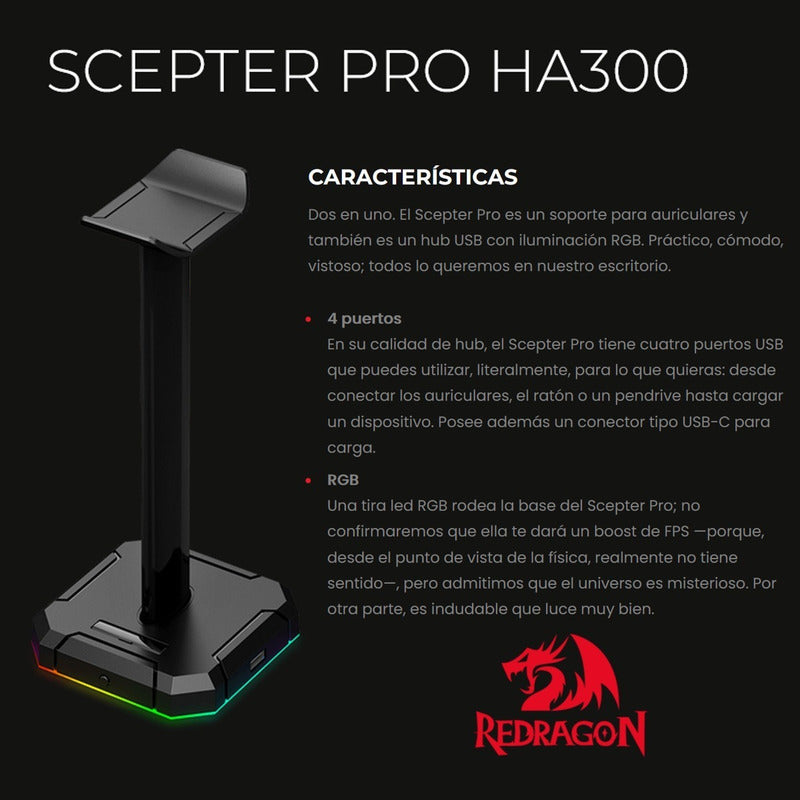 Hub 4 Usb + Base Auriculares Rgb Redragon Ha300 Scepter Pro