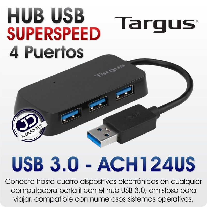 Hub USB 3.0 de 4 Puertos Targus ACH124US con Diseño Compacto y Protección Sobrecorriente - Negro