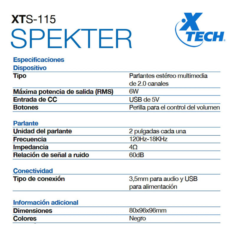 Parlantes Usb Estéreo Multimedia 2.0 Xtech Spekter Xts-115rd