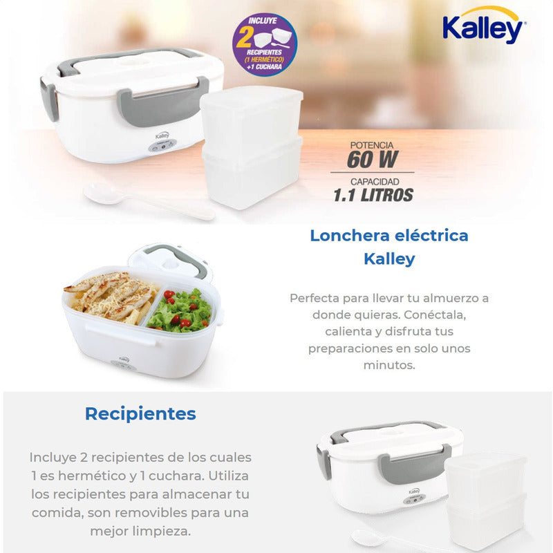 Lonchera Eléctrica Kalley Porta Comida 1.1lt, Garantía 1 Año Blanco/gris