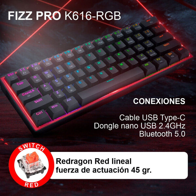 Teclado Gamer Mecánico Inalámbrico Redragon K616rgb Fizz Pro Negro Español