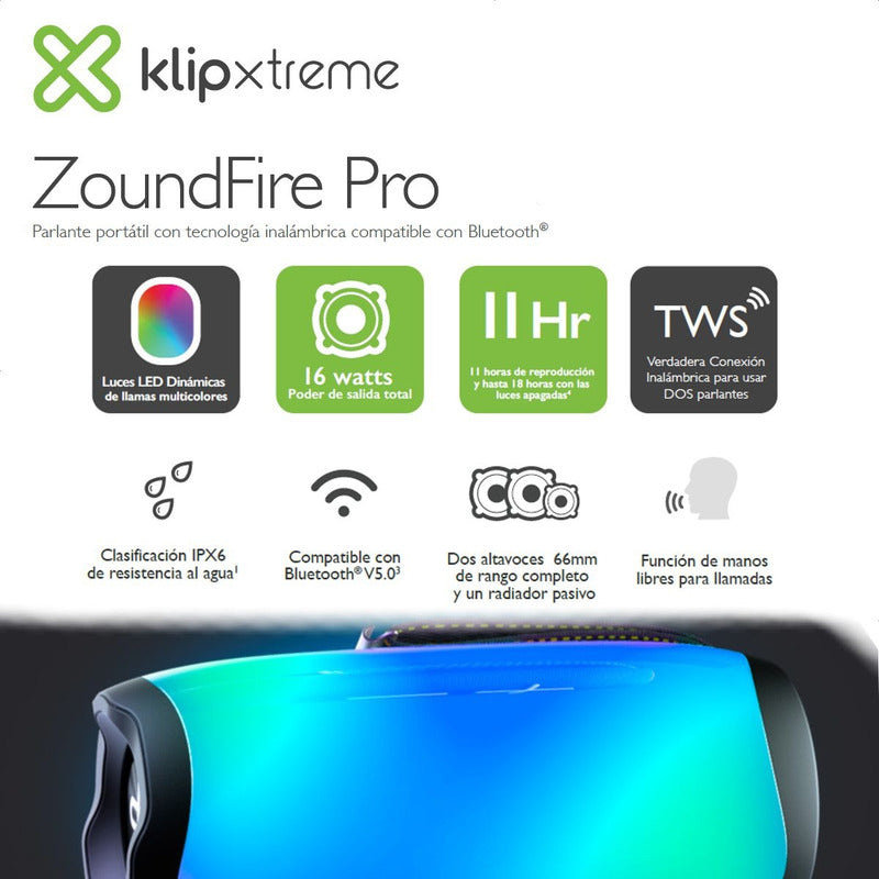Parlante Bluetooth Portátil Klip Xtreme ZoundFire Pro con Luces LED Dinámicas y Protección IPX6