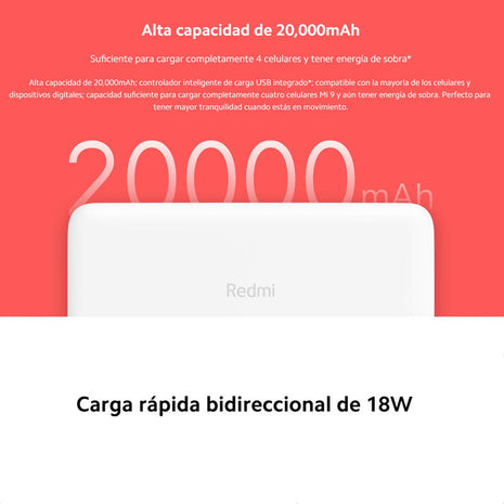 Batería Externa Power Bank Xiaomi Redmi 20000mAh Carga Rápida 18W USB-C Micro-USB Dual Salida Carga Lenta