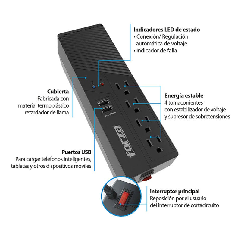 Regulador De Voltaje Forza 1000va/500w Con 4 Tomas + 2 Usb Negro