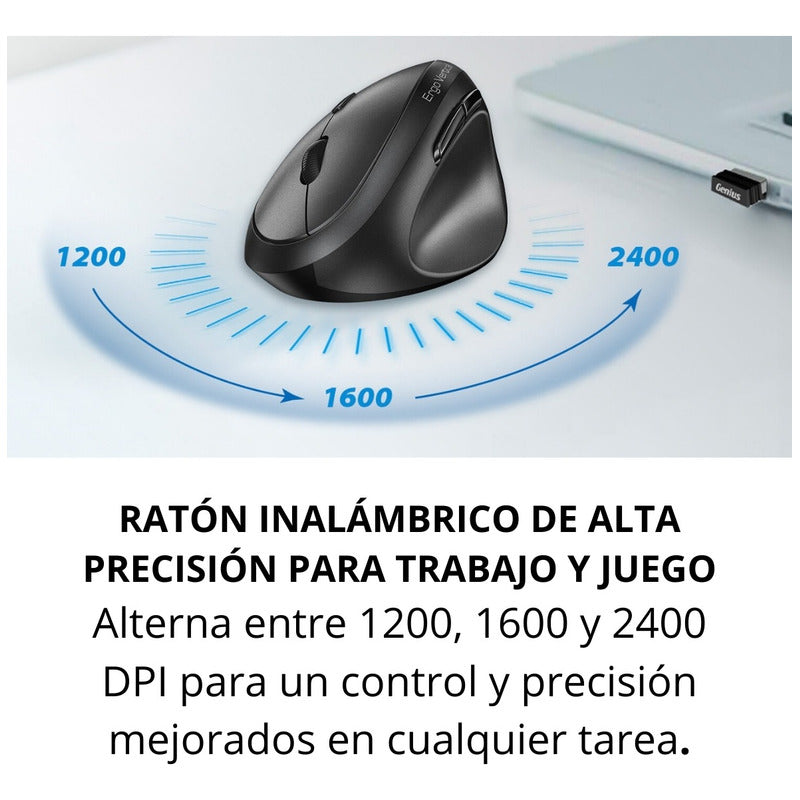 Mouse Vertical Inalámbrico Genius Ergo 8350s, 6 Botones, Blk