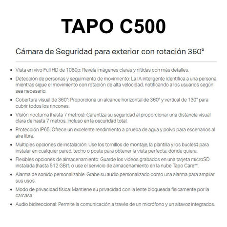 Cámara Ip Wifi Exterior Robótica Full Hd, Tp-link Tapo C500