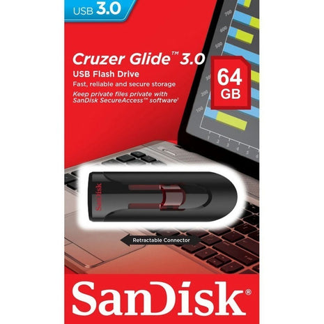 Memoria USB SanDisk Cruzer Glide 64GB Diseño Retráctil Software SecureAccess USB 3.0 - Negro/Rojo
