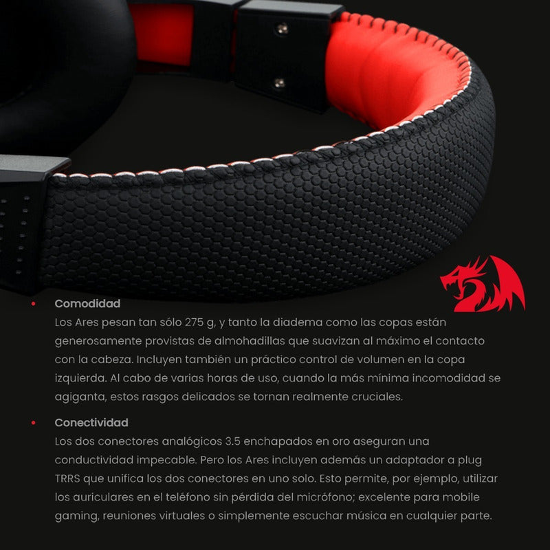 Diadema Gamer Redragon H120 Ares, Micrófono / Plug 3.5mm Negro/rojo