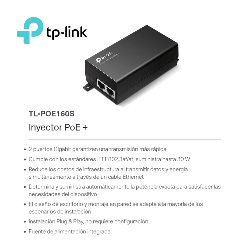 Adaptador De Inyector Poe+ TP-Link, 1 Puerto Gigabit 30W, TL-POE160S