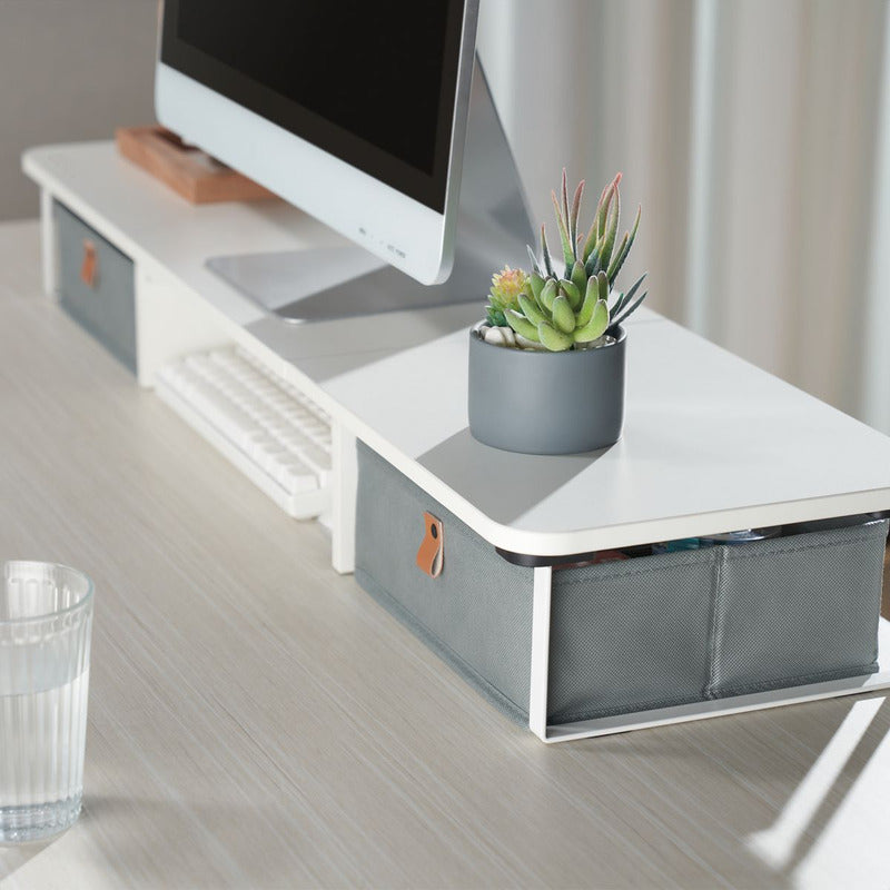 Base Eleva-monitor Madera Con 2 Cajones Techgo Tdb-1 Blanco