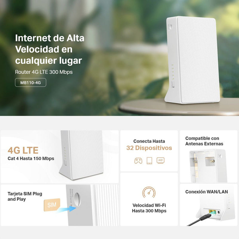 Router Inalámbrico 4G LTE con Sim Card Mercusys MB110-4G Red WiFi hasta 300Mbps