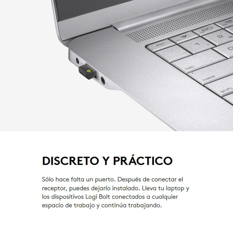 Adaptador USB Logitech Logi Bolt Inalámbrico Seguro Conexión Estable hasta 6 Dispositivos Windows/Mac