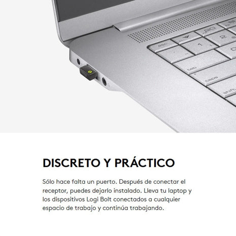 Adaptador USB Logitech Logi Bolt Inalámbrico Seguro Conexión Estable hasta 6 Dispositivos Windows/Mac