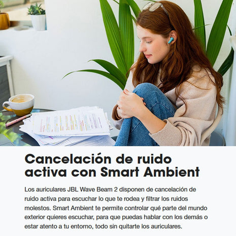 Audífonos In-Ear Bluetooth JBL Wave Beam 2 TWS ANC Smart Ambient Batería 40h 4 Micrófonos IP54 - Blanco