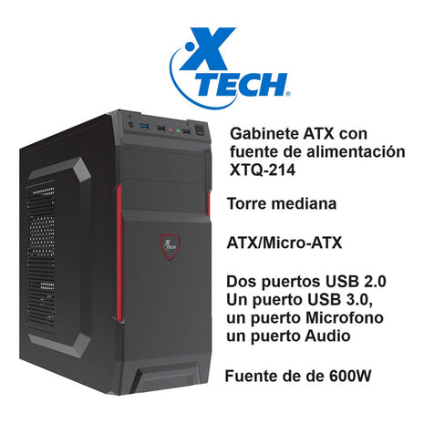 Gabinete Chasis PC Xtech XTQ-214 Torre Mediana ATX/Micro-ATX con Fuente de Poder 600W - Negro/Rojo