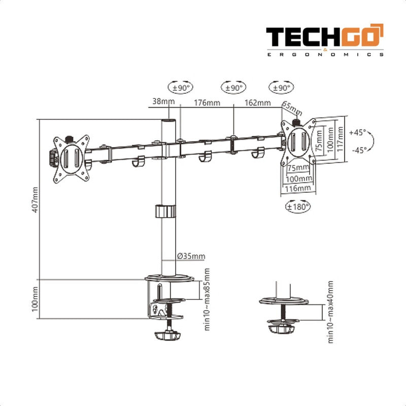 Soporte Doble Escritorio Para Monitor 17~32, Techgo Spm-1104 Negro
