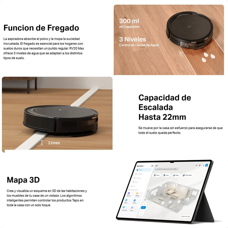 Aspiradora Robot Inteligente Tp-link Tapo Rv20 Max, 5300pa, Navegación LiDAR Sin Base de Vaciado