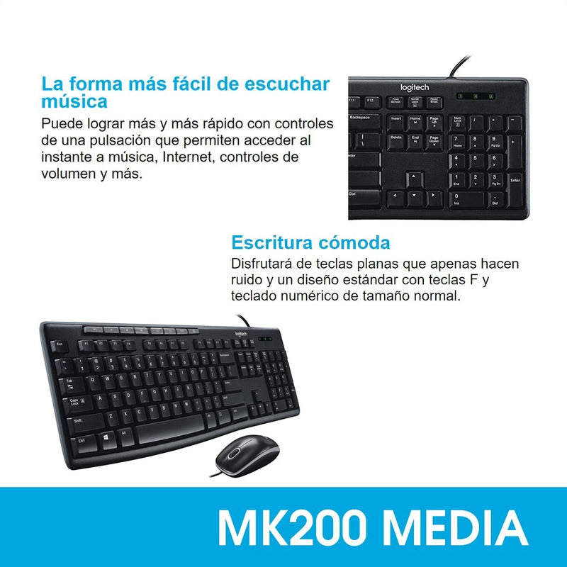 Combo Usb Teclado Multimedia Y Mouse, Logitech Mk200 Media