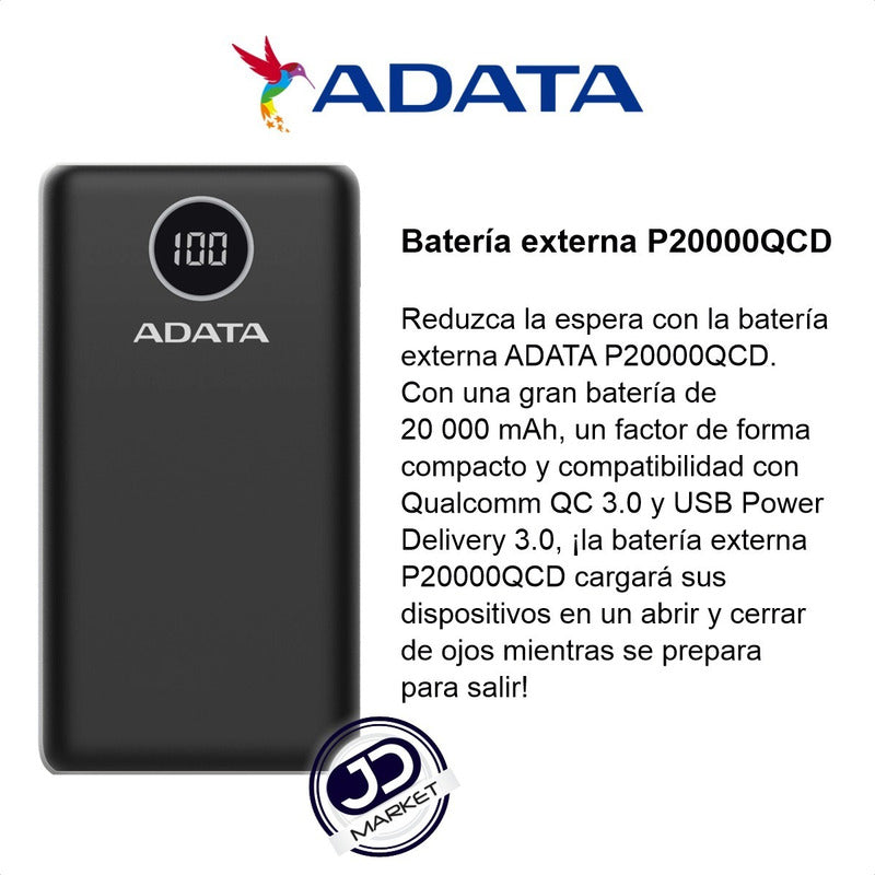 Batería Externa ADATA P20000QCD Power Bank 20000mAh Carga Rápida QC/PD, Negro