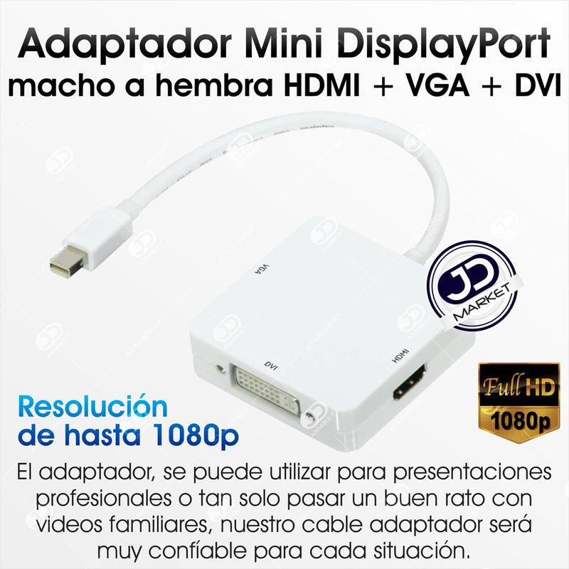 Convertidor 3en1 Thunderbolt Mini Displayport A Hdmi Vga Dvi