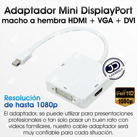 Convertidor 3en1 Thunderbolt Mini Displayport A Hdmi Vga Dvi