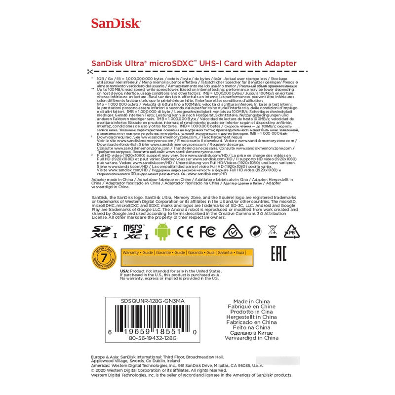 Tarjeta Micro Sdxc Sandisk Ultra 128gb, Uhs-i, C10, 100mb/s