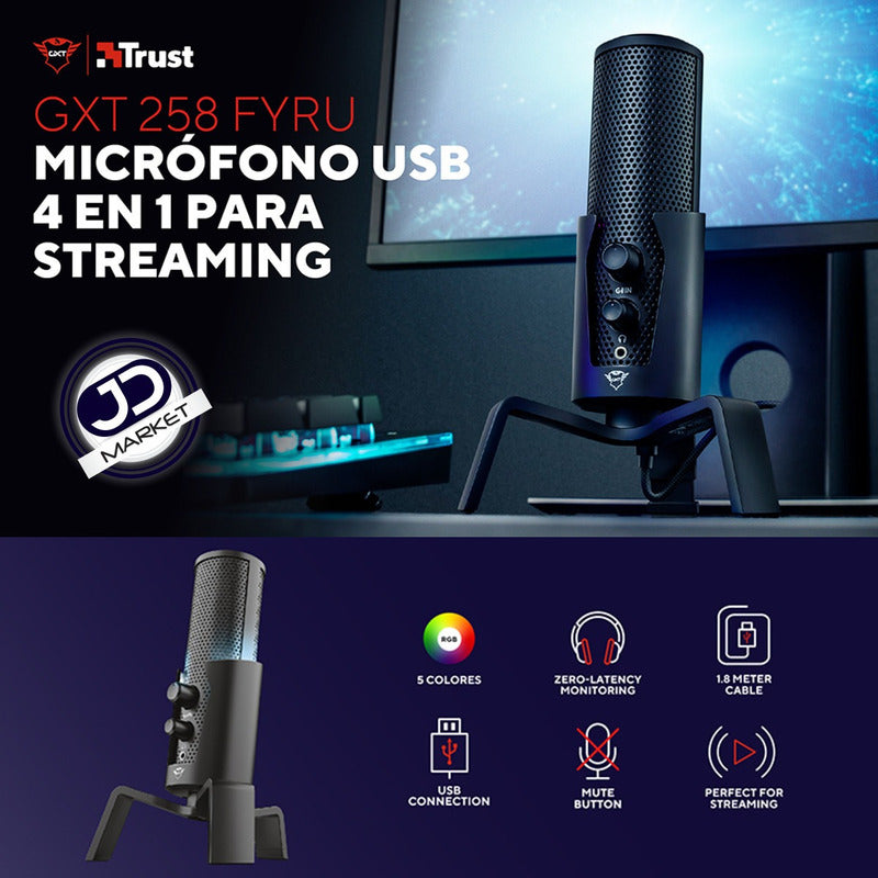 Micrófono Usb Streaming 4-en-1 Trust Gxt 258 Fyru, Iluminado