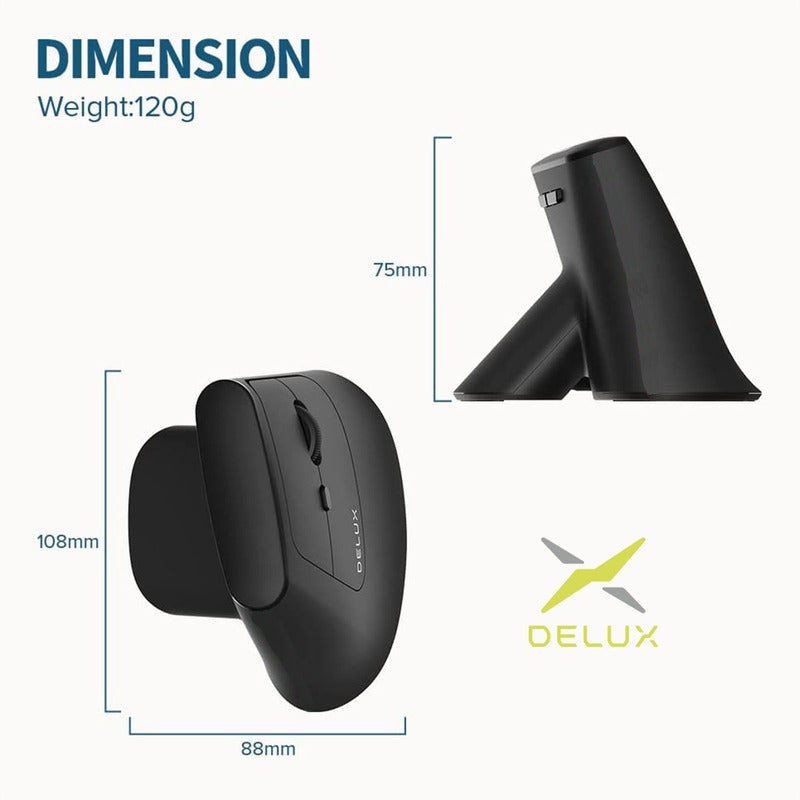 Mouse Vertical Wireless Recargable Delux Mv6 Gc / Ergonómico Negro