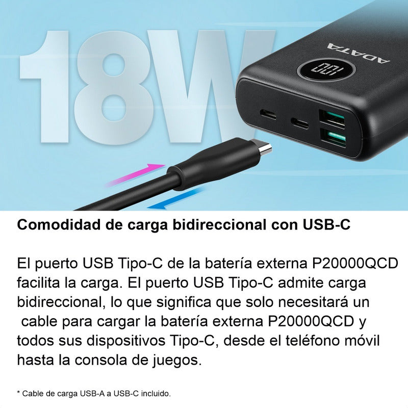 Power Bank 20000mah Carga Rápida Qc/pd Adata P20000qcd Negro