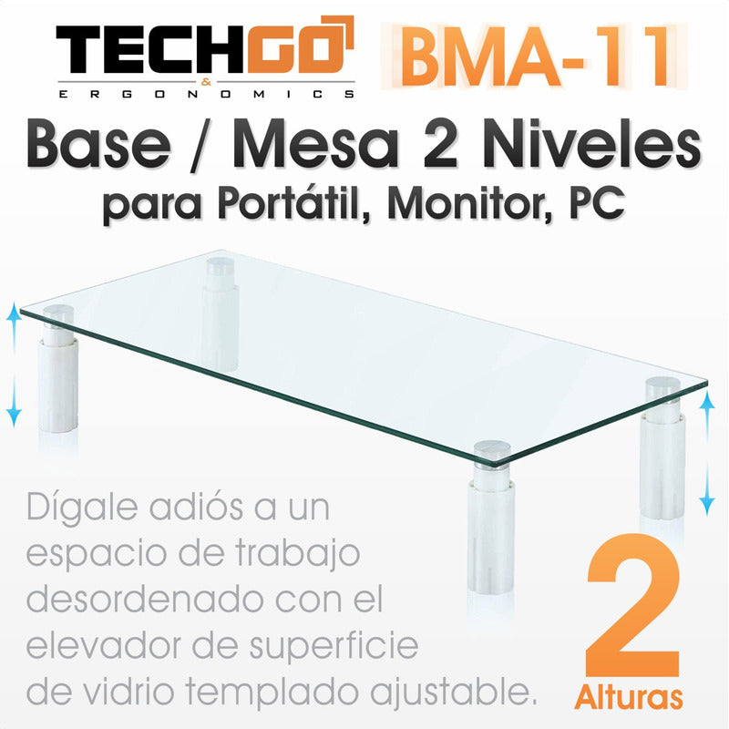 Soporte Elevador Monitor Vidrio Templado Techgo Bma-11 Base Ajustable Ergonomica Mesa Pc Laptop 2 Niveles