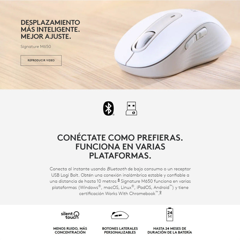 Mouse Inalámbrico / Bluetooth Logitech Signature M650, Wht