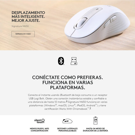 Mouse Inalámbrico / Bluetooth Logitech Signature M650, Wht