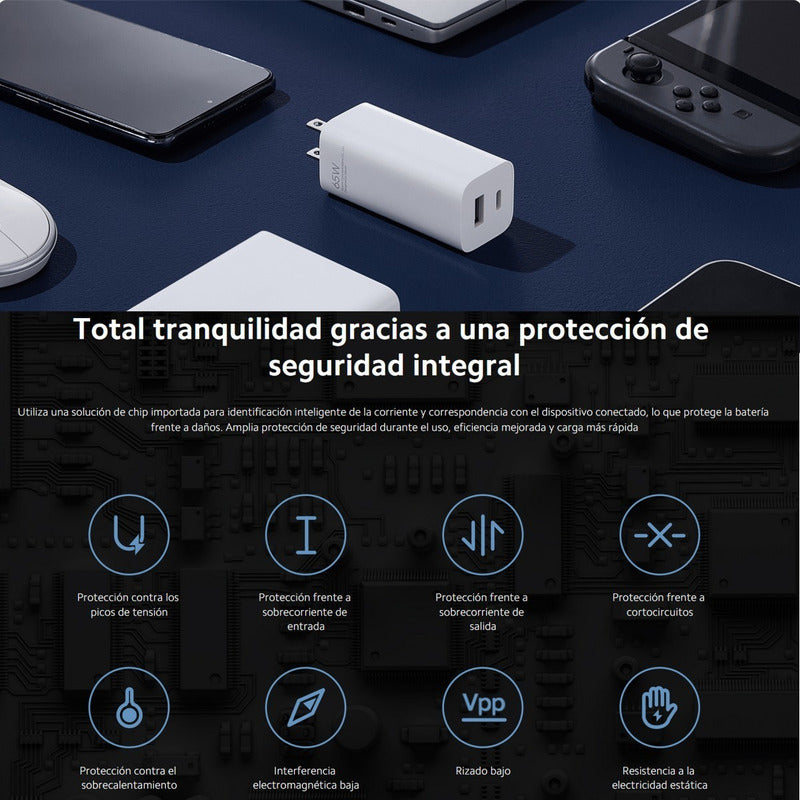 Cargador De Pared Xiaomi Puerto Dual Tipo A Y C 65w Gan 1a1c