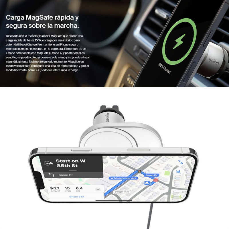Cargador Carro Wireless Magsafe 15w, Belkin Boostcharge Pro