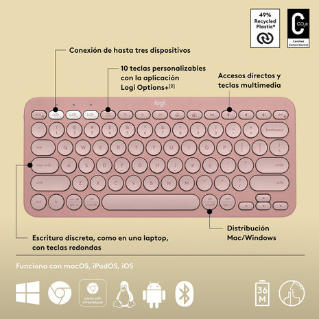 Combo Bluetooth Logitech Teclado K380s + Mouse M196, Rosa