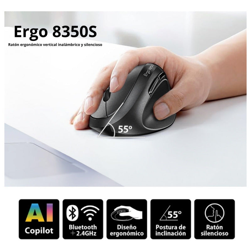 Mouse Vertical Inalámbrico Genius Ergo 8350s, 6 Botones, Blk